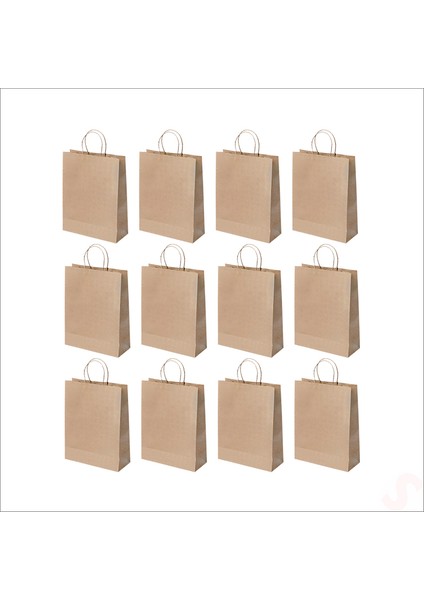 Büküm Saplı Kraft Çanta 32 x 26 x 12 cm , Natürel - 12 Adet