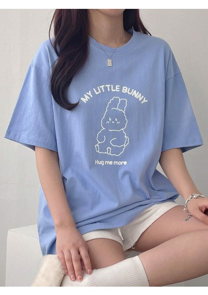 Lıttle Bunny Bakılı Süprem T-Shirt -Bebe Mavisi Oversize Bisiklet Yaka Kısa Kol Tişört modelleri