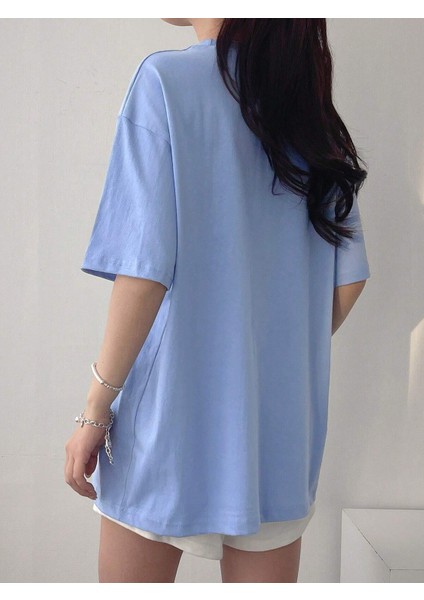 Lıttle Bunny Bakılı Süprem T-Shirt -Bebe Mavisi Oversize Bisiklet Yaka Kısa Kol Tişört fırsatları