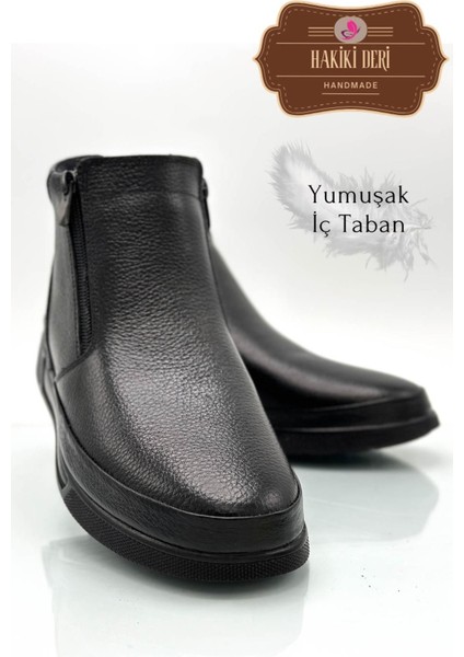 Deri Iç Taban Pedli Kaymaz Taban Çift Fermuarlı Deri Erkek Baba Bot Şırıngıl Siyah