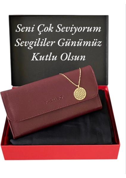 Sevgililer Günü Kadın Bordo Cüzdan Siyah Şal ve Yaşam Çiçeği Kolye