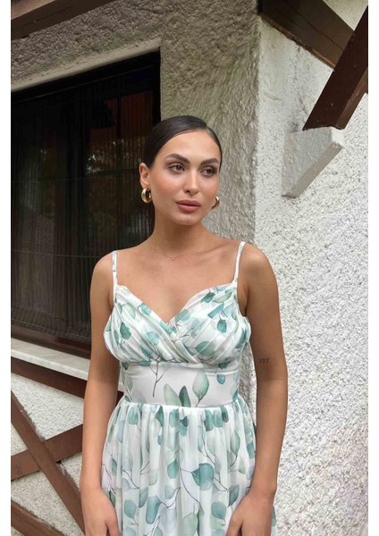 Yeşil Drape Detaylı Askılı Şifon Elbise fiyatları