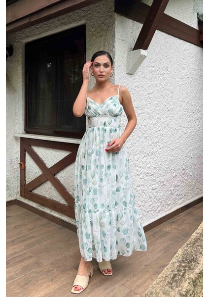 Yeşil Drape Detaylı Askılı Şifon Elbise modelleri