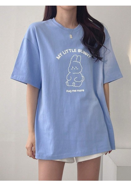 Lıttle Bunny Bakılı Süprem T-Shirt -Bebe Mavisi Oversize Bisiklet Yaka Kısa Kol Tişört modelleri