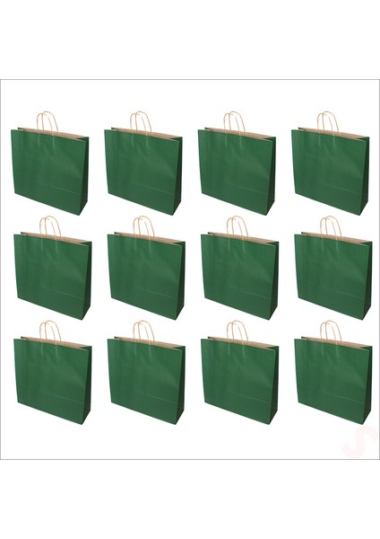 Büküm Saplı Kraft Çanta 40 x 44 x 13 cm , Yeşil - 12 Adet