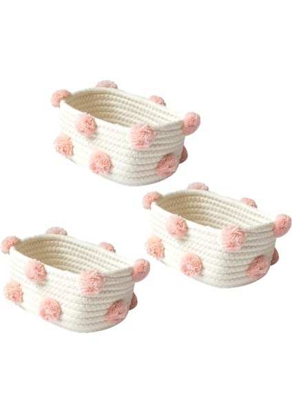 3x Pamuk Dokuma Depolama Sepeti Sevimli Ponpon Dekor Çeşitli Eşyalar Bitirme Kutusu Iskandinav Kozmetik Oyuncaklar Organizatör Çerçeve Pembe S (Yurt Dışından)