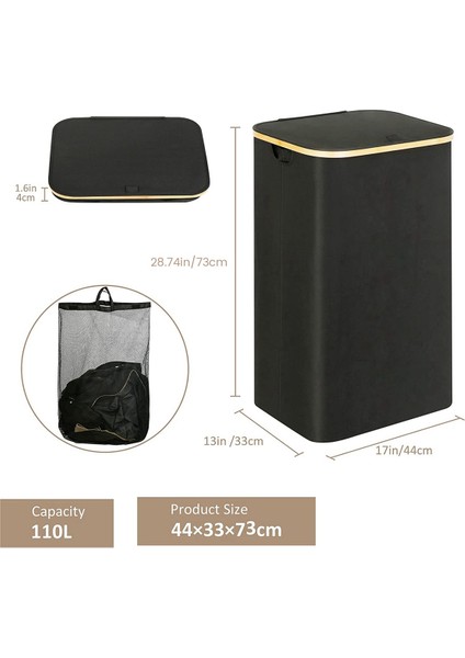 2x 110L Çamaşır Sepeti Saplı ve Kapaklı, Katlanabilir Sepet Organizatör ile Çıkarılabilir Iç Çanta Giysi Oyuncakları Için Siyah (Yurt Dışından) indirimleri