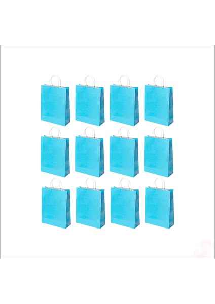 Büküm Saplı Kraft Çanta 22 x 16 x 8 cm , Mavi - 12 Adet