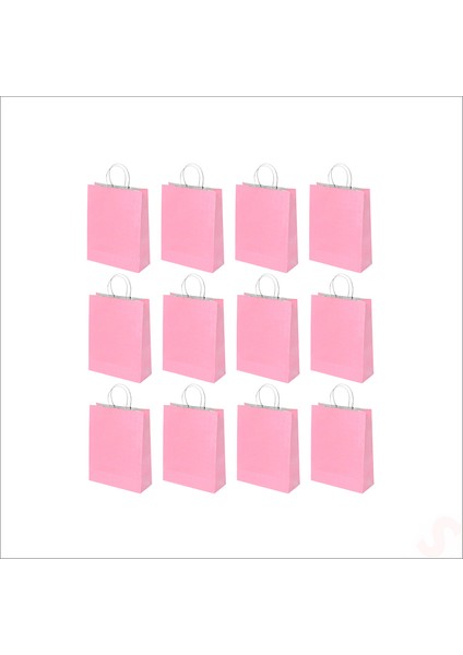 Büküm Saplı Kraft Çanta 22 x 16 x 8 cm , Pembe - 12 Adet