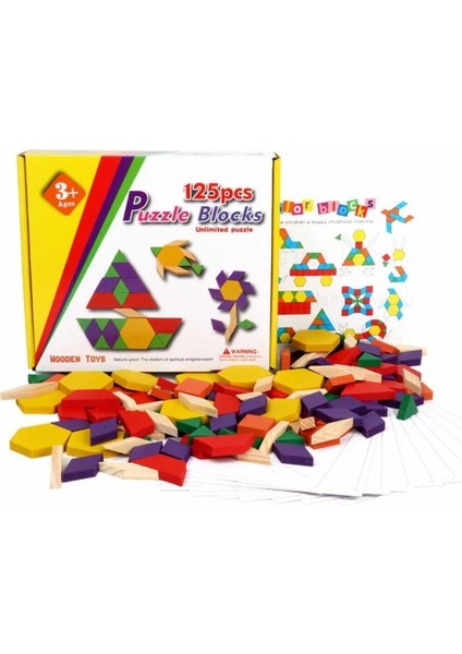 Ahşap 125 Parça Renkli Blok Tangram Puzzle Seti - Eğitici ve Eğlenceli Oyun