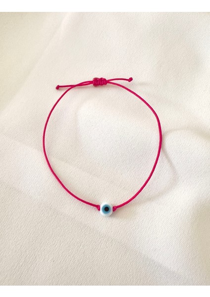 Beyaz Cam Nazar Boncuklu Fuşya Pembe Ip Bileklik