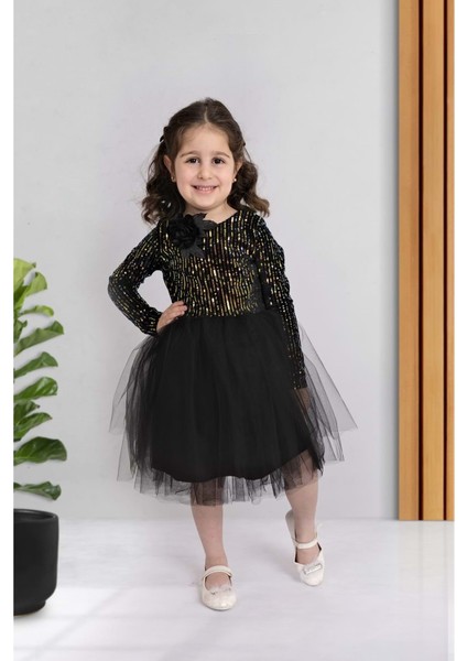 Pul Payetli Tütü Etekli Uzun Kol Kız Çocuk Elbise MNK0577