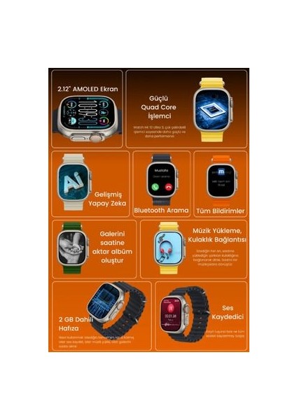 Samsung Galaxy M53 Uyumlu Akıllı Saat Watch Ultra2 49MM Kordon Hediyeli - Son Versiyon