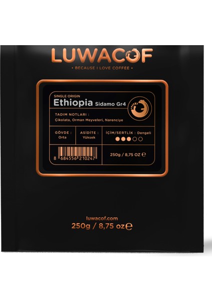 Ethiopia Sidamo gr4 Kuru Işleme Yöresel Kahve 250 gr