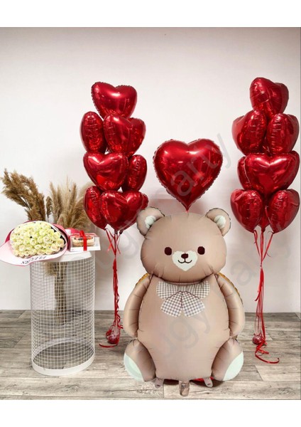 Retro Ayı Kırmızı Kalpli Mini Romantik Doğum Günü Parti Kutlama Seti