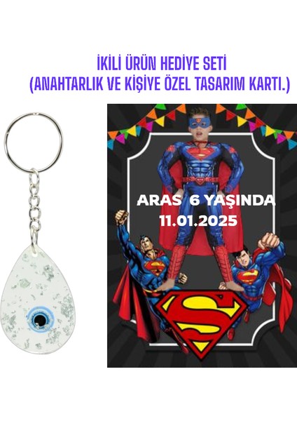 Kişiye Özel Resimli Baskı Kartı ve Anahtarlık Seti. 5 Adet Süpermen Superman Bebek Partisi Baby Sower 1 Yaş Çocuk Doğum Günü Sünnet