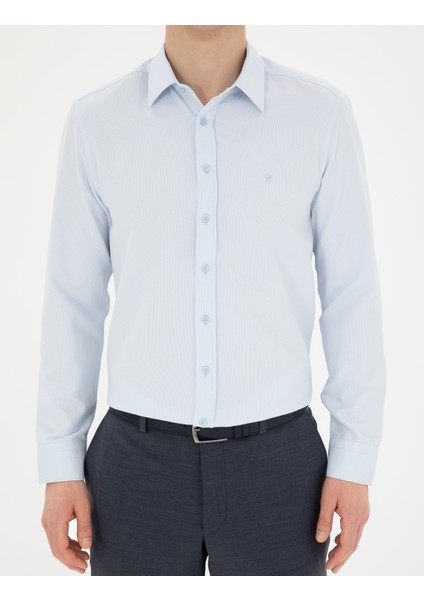 Erkek Açık Mavi Slim Fit Armürlü Uzun Kollu Gömlek 50289391-VR003