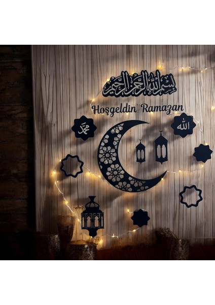 "hoşgeldin Ramazan LED Işıklı Ahşap Duvar Süsü | Ay Yıldız ve Dini Figürlerle Dekorasyon"