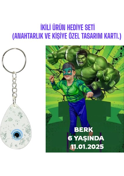 Kişiye Özel Resimli Baskı Kartı ve Anahtarlık Seti. 5 Adet Hulk Yeşil Dev Bebek Partisi Baby Sower 1 Yaş Çocuk Doğum Günü Sünnet Mevlit.