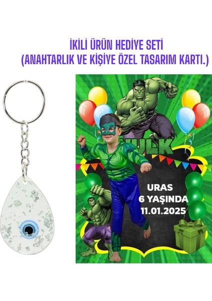 Kişiye Özel Resimli Baskı Kartı ve Anahtarlık Seti. 5 Adet Hulk Yeşil Dev Bebek Partisi Baby Sower 1 Yaş Çocuk Doğum Günü Sünnet Mevlit.