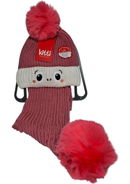Spteks Kitti 4-8 Yaş Kız Çocuk Koyu Pembe Renk 2 Li Takım Atkı Bere Örme Set