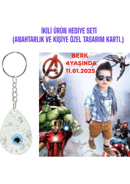 Kişiye Özel Resimli Baskı Kartı ve Anahtarlık Seti. 5 Adet Avengers Yenilmezler Bebek Partisi Baby Sower 1 Yaş Çocuk Doğum Günü Sünnet Mevlit.