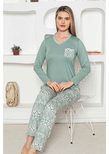 Etnik Desen Kadın Pijama Takımı - Uzun Kollu Likralı Penye Cepli Alt modelleri