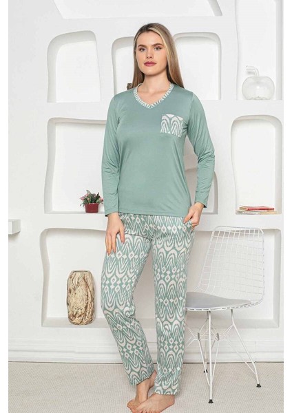 Etnik Desen Kadın Pijama Takımı - Uzun Kollu Likralı Penye Cepli Alt fırsatları