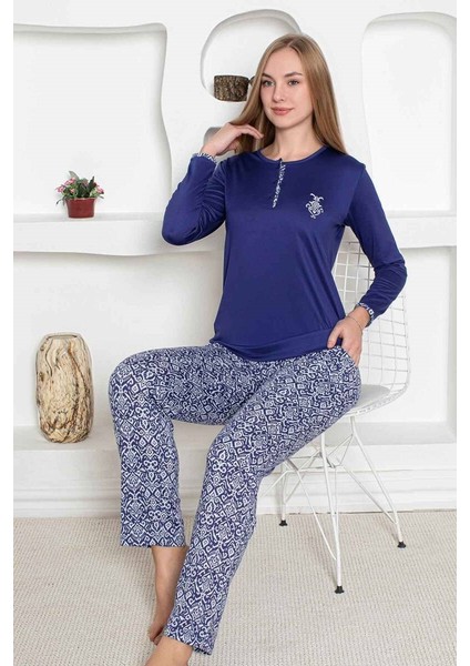 Etnik Desen Kadın Pijama Takımı - Uzun Kollu Likralı Penye Cepli Alt modelleri