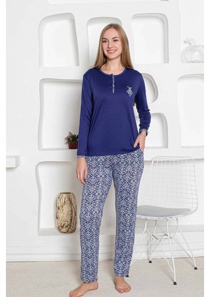 Etnik Desen Kadın Pijama Takımı - Uzun Kollu Likralı Penye Cepli Alt fırsatları