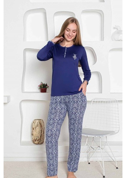 Etnik Desen Kadın Pijama Takımı - Uzun Kollu Likralı Penye Cepli Alt indirimleri