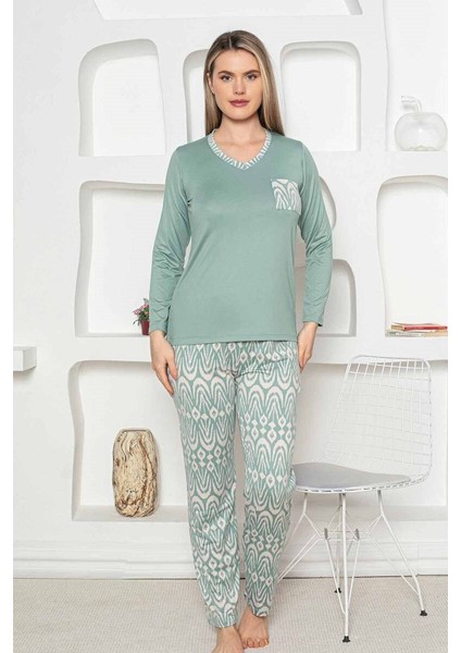 Etnik Desen Kadın Pijama Takımı - Uzun Kollu Likralı Penye Cepli Alt