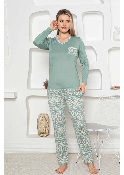 Etnik Desen Kadın Pijama Takımı - Uzun Kollu Likralı Penye Cepli Alt fırsatları