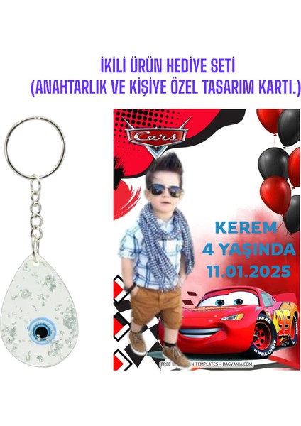 Kişiye Özel Resimli Baskı Kartı ve Anahtarlık Seti. 5 Adet Şimşek Mcqueen Arabalar Bebek Partisi Baby Sower 1 Yaş Çocuk Doğum Günü Sünnet Mevlit.