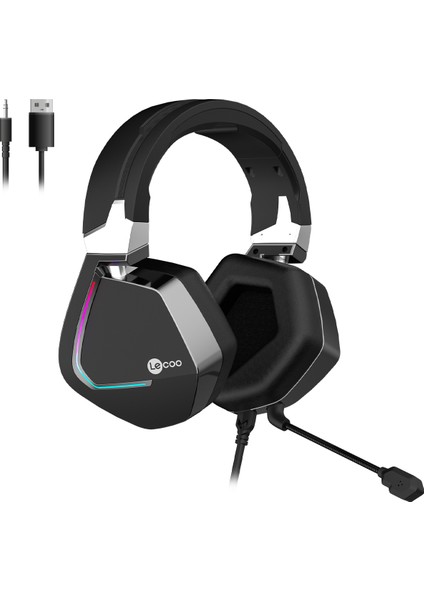 HT402 USB + 3.5mm Jack Kablolu RGB LED Aydınlatmalı Çıkartılabilir Mikrofonlu Kulak Üstü Gaming Kulaklık Siyah