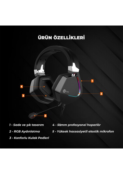 HT402 USB + 3.5mm Jack Kablolu RGB LED Aydınlatmalı Çıkartılabilir Mikrofonlu Kulak Üstü Gaming Kulaklık Siyah