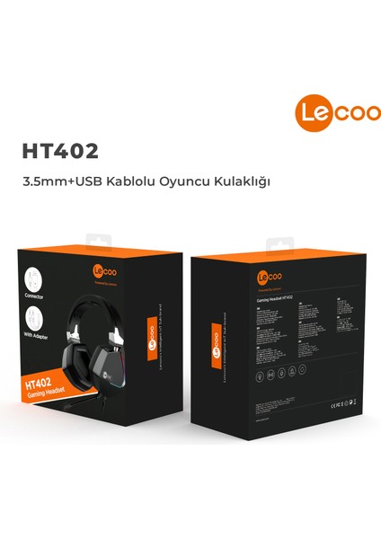 HT402 USB + 3.5mm Jack Kablolu RGB LED Aydınlatmalı Çıkartılabilir Mikrofonlu Kulak Üstü Gaming Kulaklık Siyah