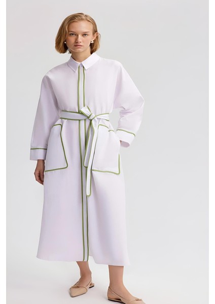 Beli Kuşaklı Biye Detaylı Poplin Elbise MKN2023