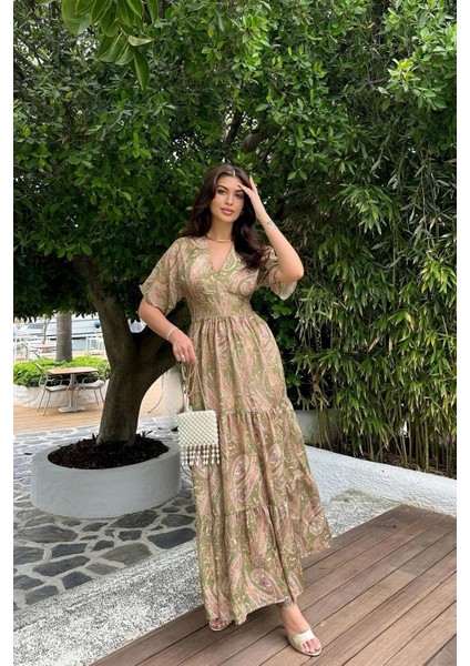 Şal Desenli Saten Elbise MKN2037