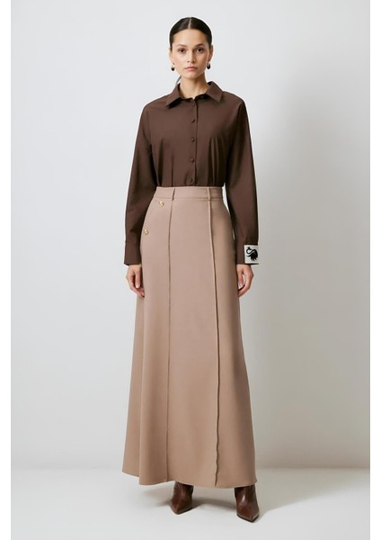 Gold Düğmeli Vizon Krep Etek MKN3060