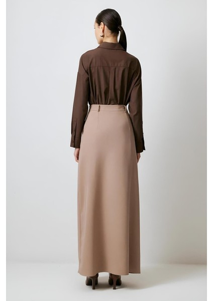 Gold Düğmeli Vizon Krep Etek MKN3060 modelleri