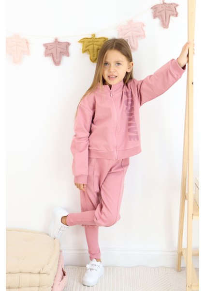 Kız Çocuk Paça Ribana Model Fermuarlı Eşofman Takımı