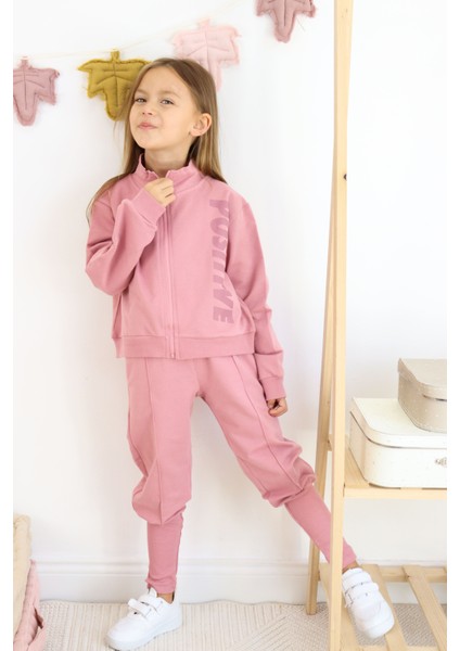 Kız Çocuk Paça Ribana Model Fermuarlı Eşofman Takımı