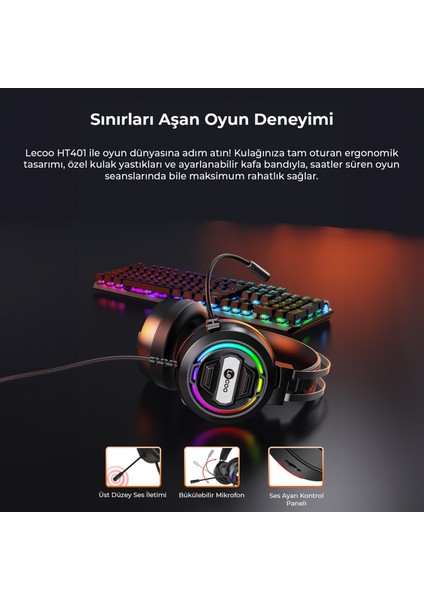 HT401 Kablolu USB 2.0 RGB LED Aydınlatmalı Mikrofonlu Kulak Üstü Gaming Kulaklık Siyah