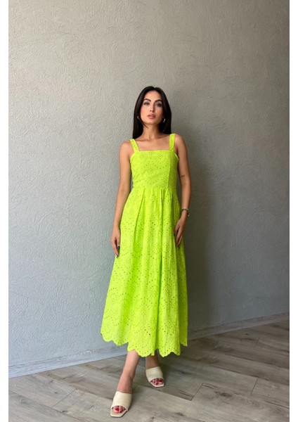 Yağ Yeşil Askı Aparat Detaylı Brode Elbise