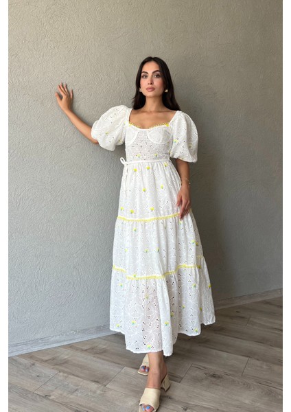 Beyaz Sarı Çiçekli Balon Kol Elbise