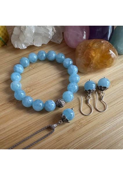 Akuamarin Taşlı 3'lü Gümüş Set (10 mm)