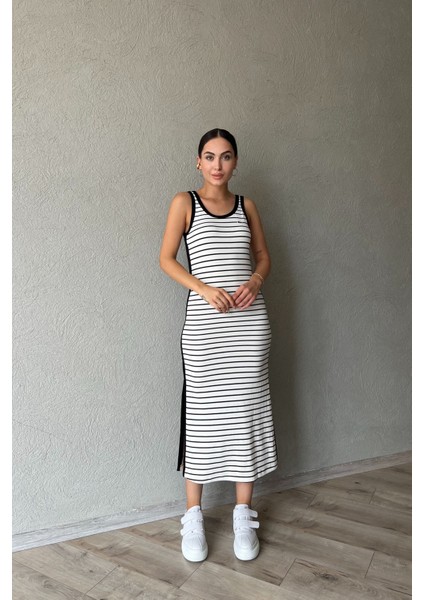 Beyaz Siyah Çizgili L Muadili Kadın Straight Fit Siyah Elbise