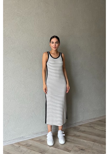 Beyaz Siyah Çizgili L Muadili Kadın Straight Fit Siyah Elbise fiyatları