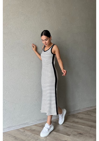 Beyaz Siyah Çizgili L Muadili Kadın Straight Fit Siyah Elbise modelleri